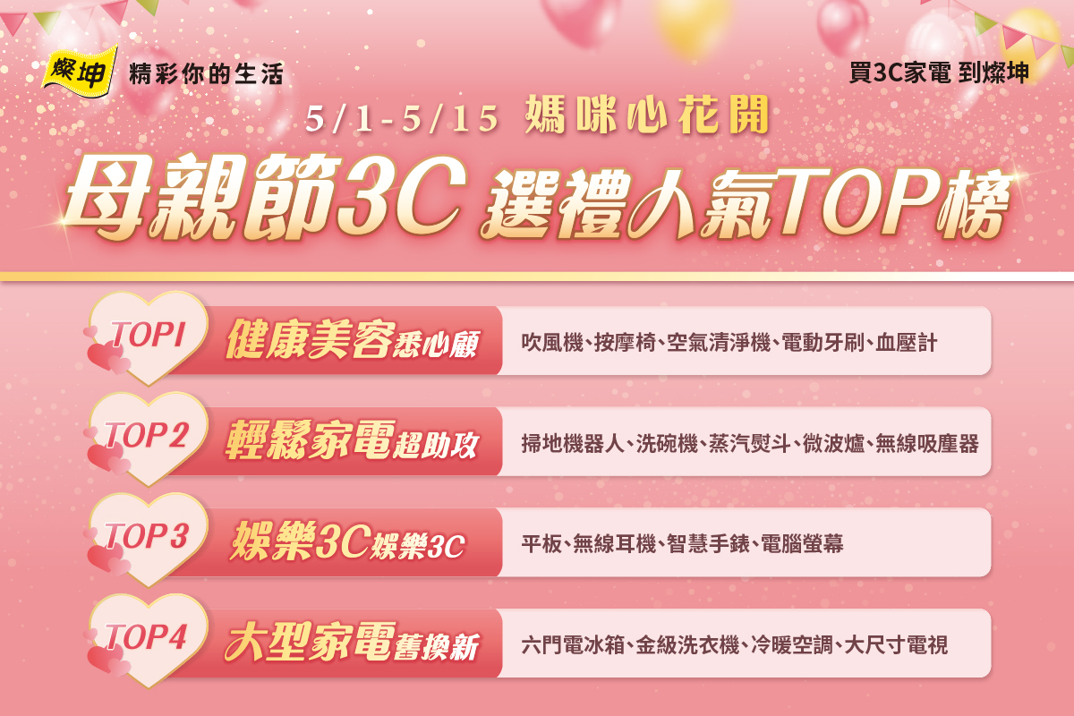 燦坤獨家【母親節3C選禮人氣TOP榜】(燦坤提供)